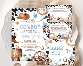 May include: A baby shower invitation set with a cowboy theme. The design includes a cowboy hat, boots, and a barrel, with the text "a little cowboy is on the way!" in blue and brown. Includes diaper raffle and thank you cards.