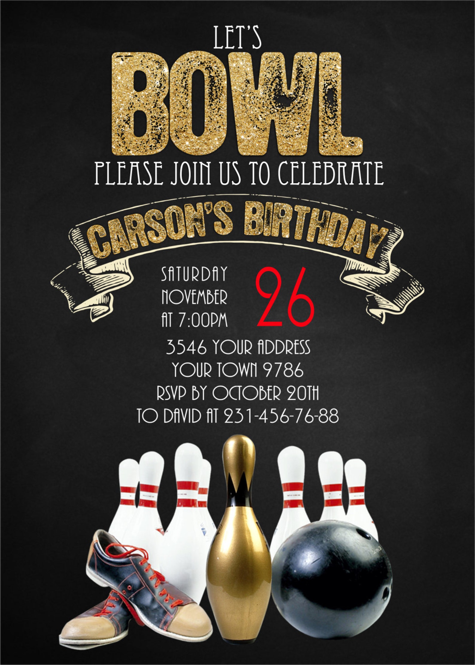 Bowling Party Invitation. Let's Bowl. Gold Glitter and Etsy