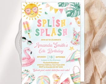Editable Splish Splash Birthday Invitation. Pool Party Birthday Invite. Girl Birthday Pool Party. Water Park Summer Girl Pink Birthday.