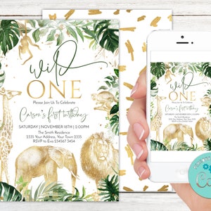 Editable Safari Birthday Invitation. Wild One Birthday Invitation. Gold Safari Birthday. Jungle Birthday Invitation. 1st First Party.