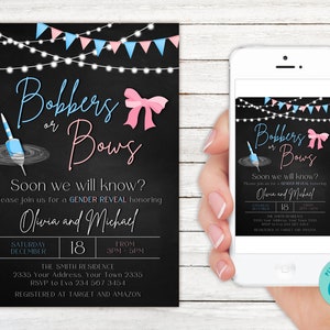 Editable Bobbers or Bows Gender Reveal Invitation. Girl or Boy Pink or Blue Invite. Co-ed Couples Shower. Fishing Gender Reveal Invite.