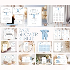 Editable Boy Baby Shower Bundle. A Sweet Baby Boy Is On His Way Baby Shower Invitation Set. Blue Children&#39;s Clothing Games, Signs Bundle.