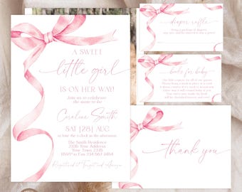 Editable Pink Bow Baby Shower Invitation Set. A Sweet Little girl Is On Her Way Baby Shower. Dusty Pink Ribbon Minimalist Baby Shower Invite
