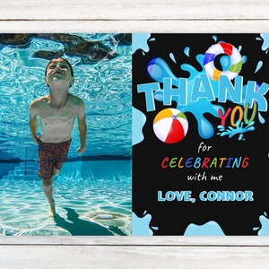 Editierbare Sommer Pool Geburtstagsparty Dankeskarte mit Foto. Schul-Badeparty. Junge Sommer Geburtstag. Schwimmparty. Geburtstag Gastgeschenke