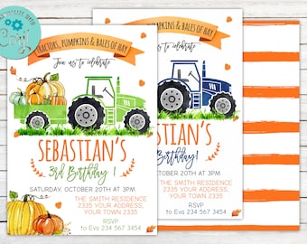 Tractor Birthday Invitation, Pumpkins, Bales of Hay (Digital)