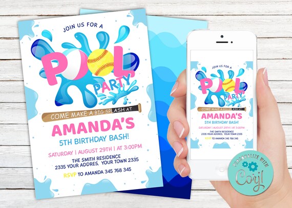 Softball Pool Party Invitation, Girl Summer Birthday (Editable Digital Item)