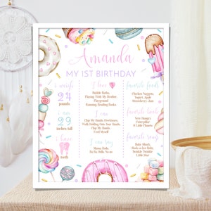 Sweet One Meilenstein Geburtstag Poster. Mädchen 1. Geburtstag Meilenstein Zeichen. Süßigkeiten Donut Candy Ice Cream Cupcake Erster Geburtstag Board Vorlage.