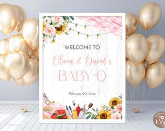 Editable Pink Baby-Q Shower Welcome Sign. BabyQ Baby Shower. Sunflower Baby Shower. Backyard Baby Shower Welcome Sign. BBQ Baby Girl Shower.
