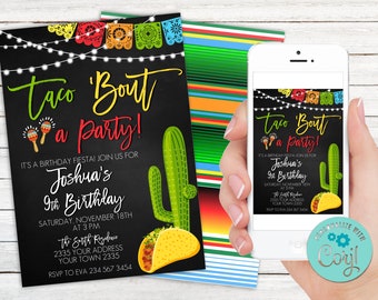 Tacos modifiables pour une invitation à une fête. Invitation d'anniversaire fiesta. Invitation de fête d'anniversaire Fiesta. Invitation de cactus. Tableau. Tout âge.