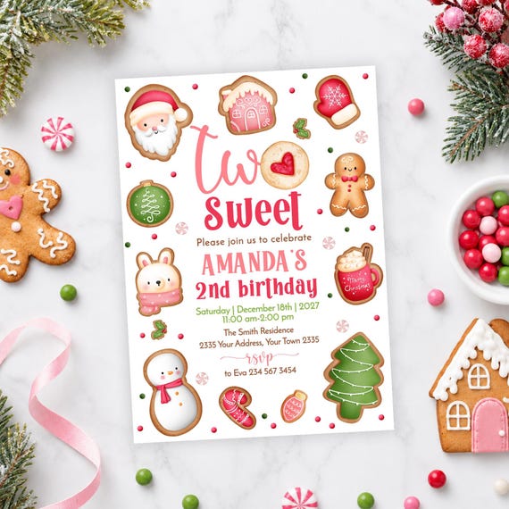 Two Sweet 2nd Birthday Invitation, Editable Holiday Cookie Invite, Christmas Winter Gingerbread Girl Birthday