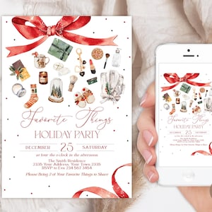 Editable Favorite Things Christmas invitation. Favorite Things Holiday Party Invitation. Holiday Party. Christmas. Invitation with Red Bow.