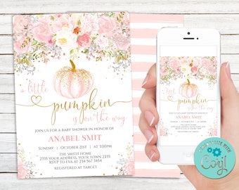Editable Pumpkin Baby Shower Invitation: Floral, Pink & Gold (Digital Item)