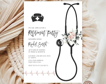 Floral Nurse Retirement Invitation, Editable Party Invite (Digital) Black & White