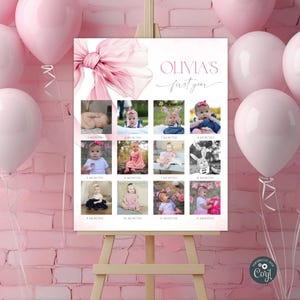 Puede incluir: Un póster blanco con un lazo rosa en la parte superior y un título que dice "Olivia's First Year". El póster está dividido en 12 cuadrados, cada uno con una foto de una niña pequeña a diferentes edades. Las fotos están etiquetadas con el mes correspondiente.