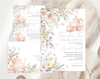 Time for Tea Baby Shower Invitation Template, Floral Tea Party Invite (Digital), Boho Blush Wildflower Butterfly