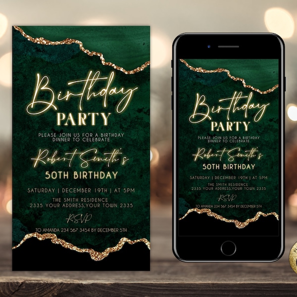 Editable Agate Birthday Party Digital Invitations. Green and Gold Birthday Celebration Invite. Mobile Text Evite. Editable Template. Any Age