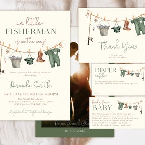 Editable Fishing Baby Shower Invitation Set.  A Little Fisherman Is On The Way Baby Shower Invite. Reel Fish Fishing Outdoors Boy Clothes.