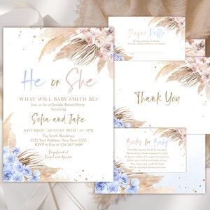 Editable Pampas Grass Baby Shower Invitation Set. Boho Floral Gender Reveal. He or She Bohemian Evite. Dried Flower Desert Text Invite.