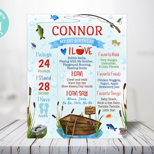 Póster editable para el primer hito de cumpleaños de pesca. Letrero para el primer hito de cumpleaños de bebé. Fiesta de pesca. Plantilla para el primer hito de cumpleaños de pesca.