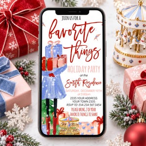 May include: A smartphone displaying a digital holiday party invitation with watercolor illustrations of a person holding gifts, a carousel, and red text reading JOIN US FOR A favorite things HOLIDAY PARTY at the Smith Residence, December 19th.