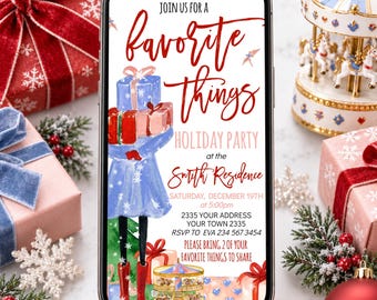 May include: A smartphone displaying a digital holiday party invitation with watercolor illustrations of a person holding gifts, a carousel, and red text reading JOIN US FOR A favorite things HOLIDAY PARTY at the Smith Residence, December 19th.