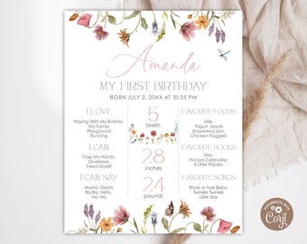 Editable Wildflower Milestone Birthday Poster. Wildflower First Birthday Milestone Sign. Little Wildflower Birthday Milestone Template.