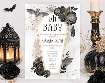 Editable Gothic Floral Halloween Baby Shower Invitation, Coffin, Bats, Black Roses (Digital Download)