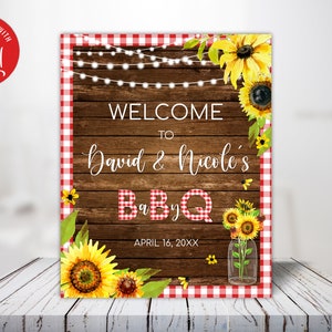 Cartel de bienvenida editable para baby shower con barbacoa. Señal de bienvenida para baby shower Baby Q. Señal de bienvenida a la barbacoa en el patio trasero. Decoración rústica para baby shower.