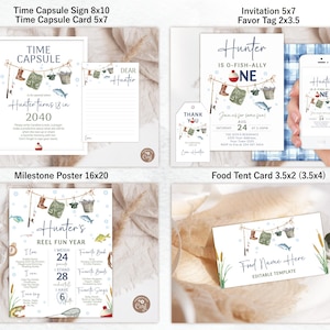 May include: A set of printable party decorations for a first birthday with a fishing theme. The set includes a time capsule sign, a time capsule card, an invitation, a favor tag, a milestone poster, and a food tent card. The decorations feature a watercolor illustration of fishing gear, a red and white boat, and the name "Hunter".