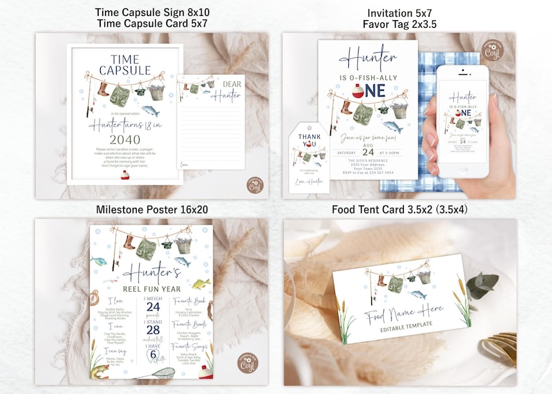 May include: A set of printable party decorations for a first birthday with a fishing theme. The set includes a time capsule sign, a time capsule card, an invitation, a favor tag, a milestone poster, and a food tent card. The decorations feature a watercolor illustration of fishing gear, a red and white boat, and the name "Hunter".