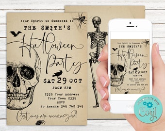 Editable Adult Halloween Invitation. Halloween Party. Spooky Halloween Invites. Skull Halloween Invitations.Vintage Halloween Invitation.
