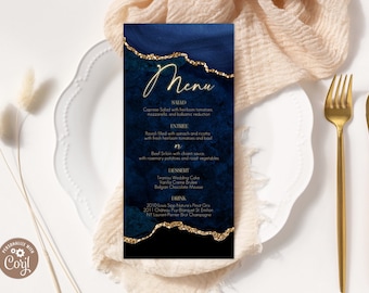 Editable Agate Food Menu, Royal Blue & Gold (Digital), Glitter Glam Restaurant