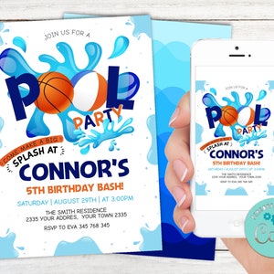 Editable Basketball Pool Party Invitation. Sports Pool Birthday Party. Basketball Pool Party Birthday. Boy Summer Birthday Invite. Any age.
