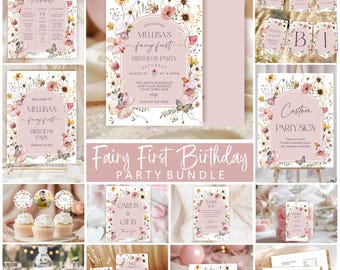 Magical Fairy 1st Birthday Party Bundle: Wildflower Enchanted Princess Party (Editable)