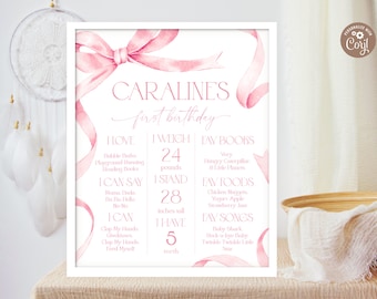 Poster d'anniversaire modifiable avec un nœud rose. Enseigne marquante pour le 1er anniversaire avec un nœud rose pastel doux. Modèle de jalon d'anniversaire ruban rose poudré