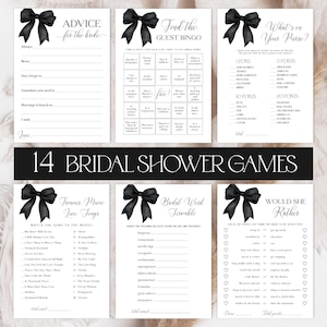 Editable Black Bow Bridal Shower Games Bundle. She's Tying the Knot Bridal Shower Games. Pastel Black Ribbon Minimalist Bridal Shower.