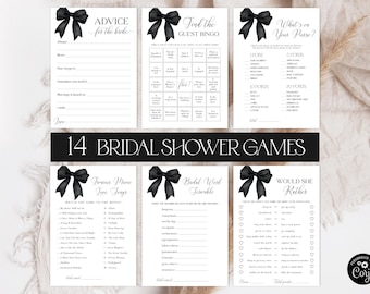 Editable Black Bow Bridal Shower Games Bundle. She's Tying the Knot Bridal Shower Games. Pastel Black Ribbon Minimalist Bridal Shower.