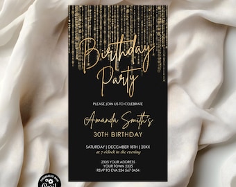 Gold Glitter Birthday Party Invitation, Editable Black and Gold Mobile Evite. Any Age.