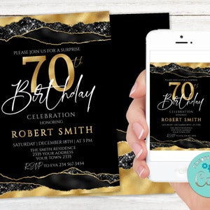 Editable 70th Birthday Invitation. Surprise Birthday Party. Adult Mens Womans. Adult Birthday Invite. Black Gold. Any Age Birthday.
