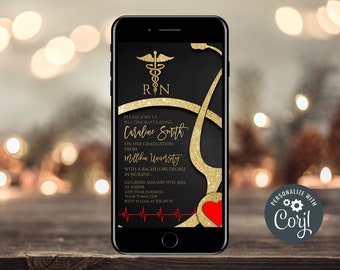 Editable Nursing Graduation Invitation, RN, Gold & Red (Digital)