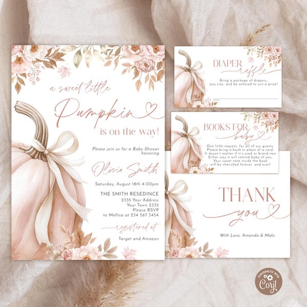 Editable Pink Bow Pumpkin Baby Shower Invitation Set. A Sweet Little Pumpkin Is On The Way. Fall Baby Shower Invitation. Pink, Beige Flowers