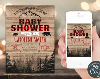Lumberjack Baby Shower Invitation: Red Buffalo Plaid, Editable (Digital)