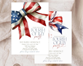 Editable 4th of July Party Invitation With Red White and Blue Coquette Bow. Independence Day Party Invitate. Summer Picnic BBQ Backyard.