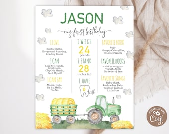 May include: A green and yellow printable first birthday milestone chart for a boy named Jason. The chart features a tractor pulling a wagon full of hay bales. The chart includes information about Jason's age, weight, height, favorite foods, books, and songs.