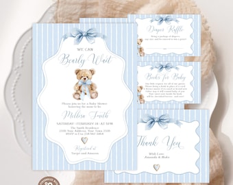 Editable We Can Bearly Wait Baby Shower Invitation Set. Blue Stripe with Bow Vintage Style. Teddy Bear Theme Baby Shower. Light Blue Retro.