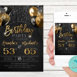 Editable Adult Joint Birthday Invitation. Joint Birthday Party Invitation. Combined Party Co-Birthday. Black and Gold Balloons Birthday.
