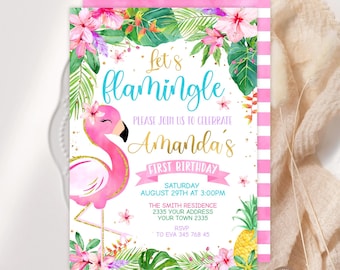 Editable Flamingo Birthday Invitation, Tropical Pineapple Party (Digital)