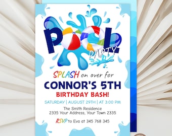 May include: A blue and white pool party invitation featuring a beach ball and a life ring graphic. The invitation reads "Pool Party" and "Connor's 5th Birthday Bash!" with event details and RSVP information.