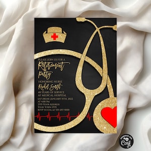 Editable Nurse Retirement Party Invitation Gold Glitter Stethoscope Template