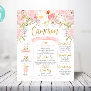 Cartel de cumpleaños de hito floral editable. Signo de hito del cumpleaños del bebé. Plantilla de hito de cumpleaños imprimible. Acuarela Blush Rosa Oro.